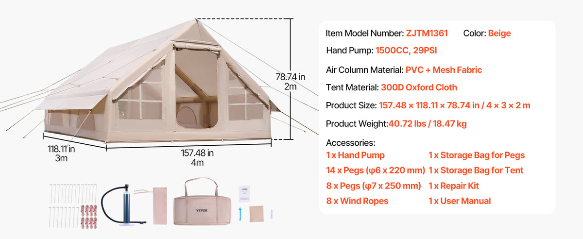 SucceBuy Inflatable Tents for Camp Easy Setup Blow up Tent with Hand Pump 300D Oxford Tent with Stove Jack Storage Bag Included