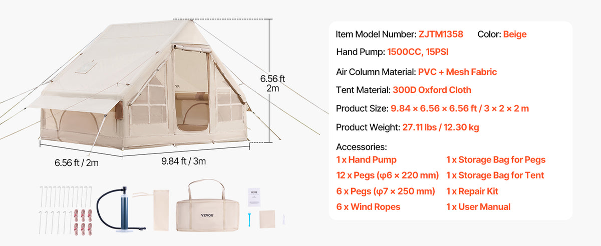 SucceBuy Inflatable Tents for Camp Easy Setup Blow up Tent with Hand Pump 300D Oxford Tent with Stove Jack Storage Bag Included
