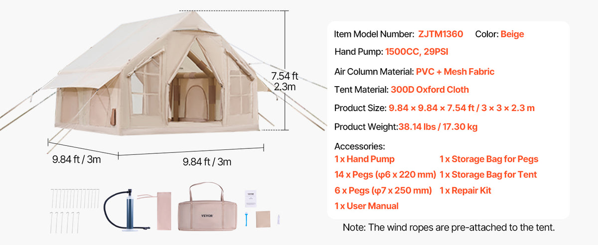 SucceBuy Inflatable Tents for Camp Easy Setup Blow up Tent with Hand Pump 300D Oxford Tent with Stove Jack Storage Bag Included