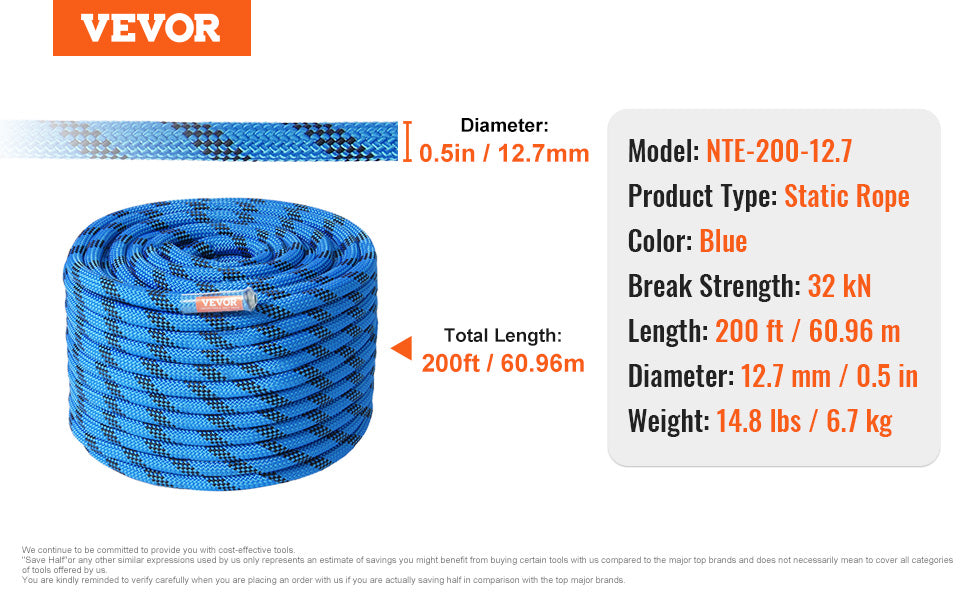 VEVOR Static Climbing Rope 30 kN Breaking Strength for Outdoors