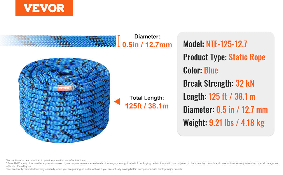 VEVOR Static Climbing Rope 30 kN Breaking Strength for Outdoors